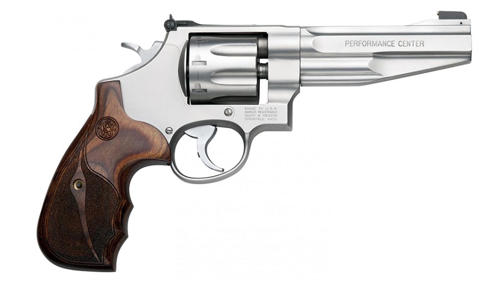 The S&W PC M627 sports a 9.5-inch barrel and weighs 43.2 ounces. 