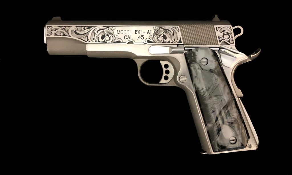 Melissa McMinn Studios, 1911 engraved, firearm engraver