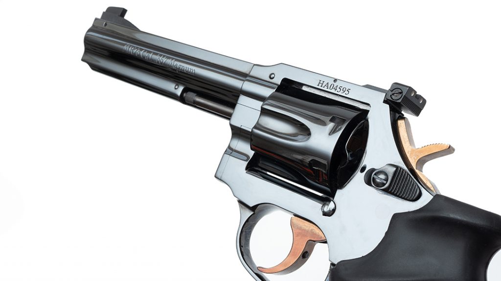 Catching the light just right, the Beretta Manurhin MR73 revolver is as beautiful a gun as you’ve ever seen.