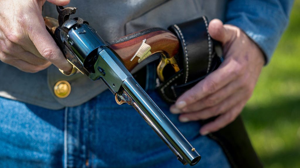During the “cowboy shoot” portion of the evaluation, a half-flap, military type holster, worn in the traditional crossdraw style, was used to carry the two Cimarron revolvers.
