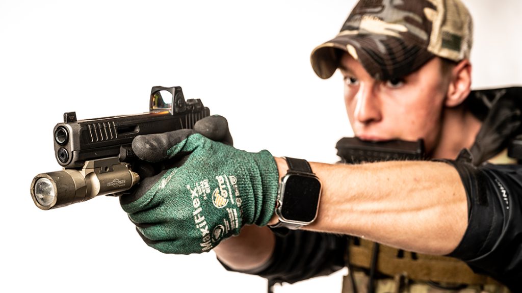 A modern, competitive shooter grip on a Glock.