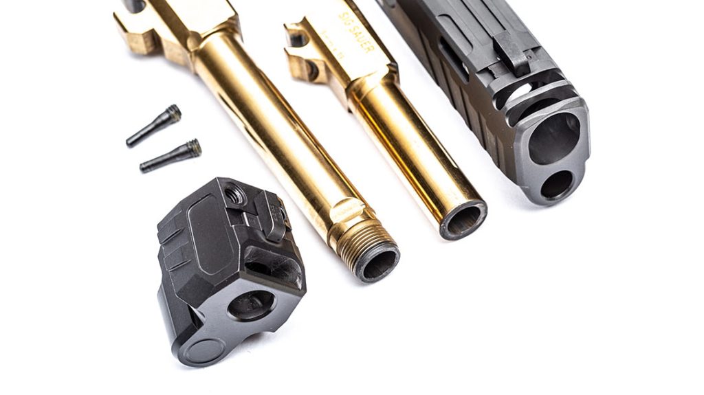 For the P320, tapered screws are installed from the top of the comp. The P365XL features an integrated comp milled into the slide itself.