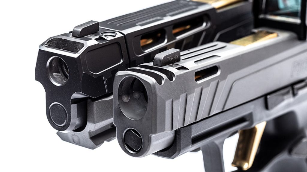 For the P320, tapered screws are installed from the top of the comp. The P365XL features an integrated comp milled into the slide itself.