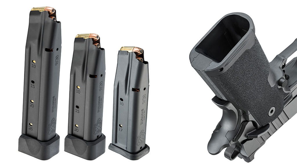 The polymer grip frame allows for a native doublestack capacity of 17+1 rounds. Three different magazine capacities are available for the Springfield Armory Prodigy, including 17, 20 and 26 rounds.