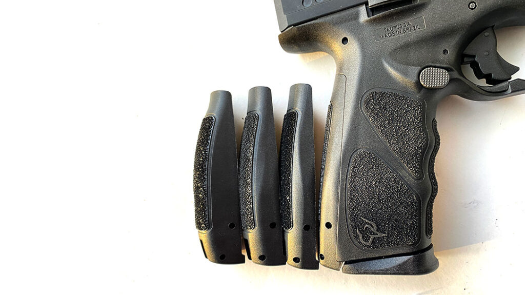 The Taurus TS9 comes with four frame backstraps to customize the grip to your hand for natural pointing.