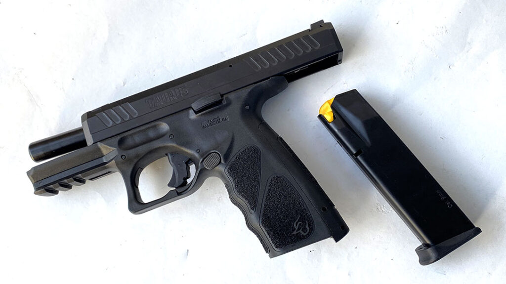 The full-size Taurus TS9 has ambidextrous magazine release and slide hold-open controls, a 4 inch barrel, and uses 17 round magazines.