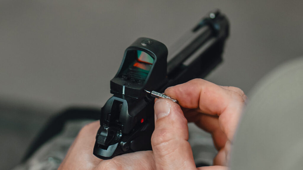The crisp, clear 6 MOA red dot is adjustable via 80 MOA’s worth of windage and elevation adjustments.