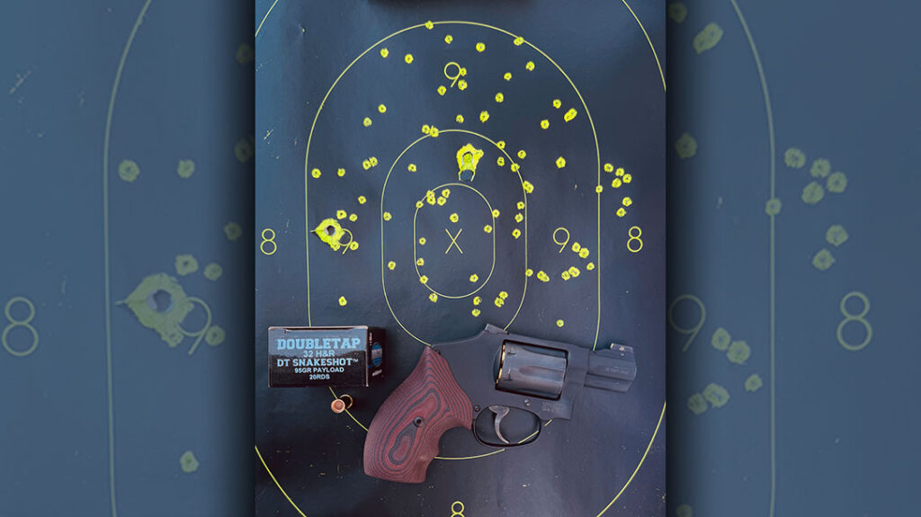 This shows the shot pattern made, plus the bullet and gas-check holes made using the DoubleTap Snakeshot load at 10 feet; good for a close-range head shot.