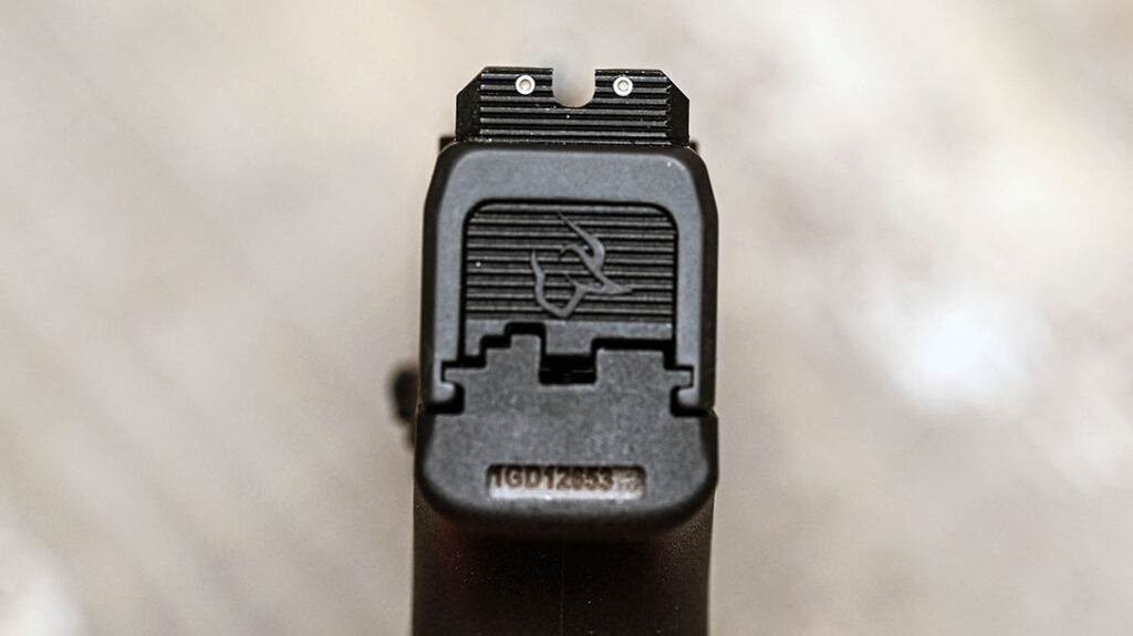 The slide on the Taurus GX4 Carry T.O.R.O. is the same as the one on the GX4 XL, with a set of industry-standard steel iron sights.