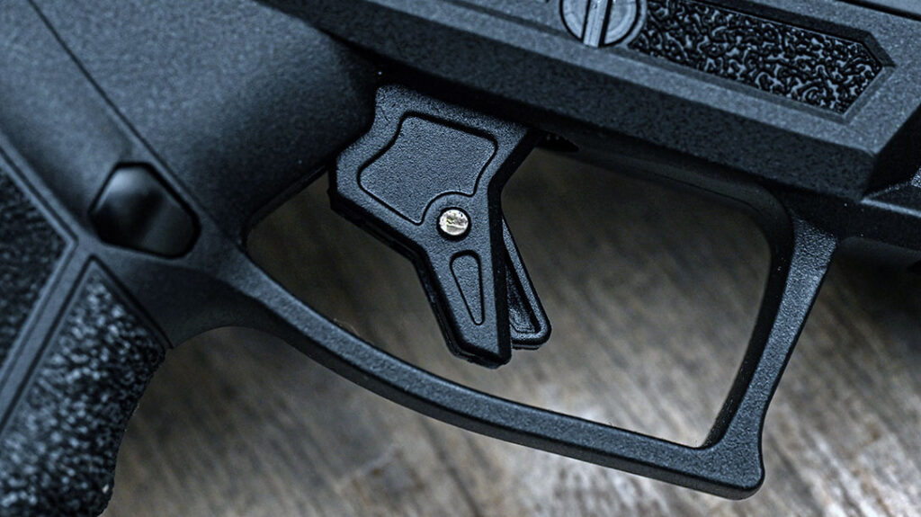 Inside the frame is a flat-face, serrated polymer-shoed trigger.