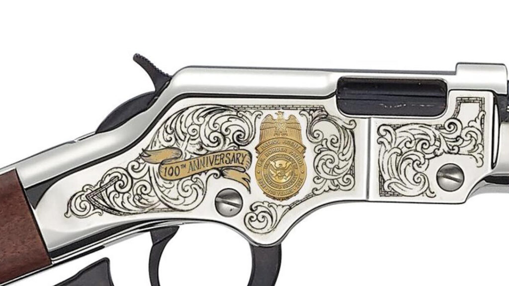 Right-side view of the Henry USBP Tribute Edition Rifle, this is the Golden Boy Silver version in .22 rimfire.
