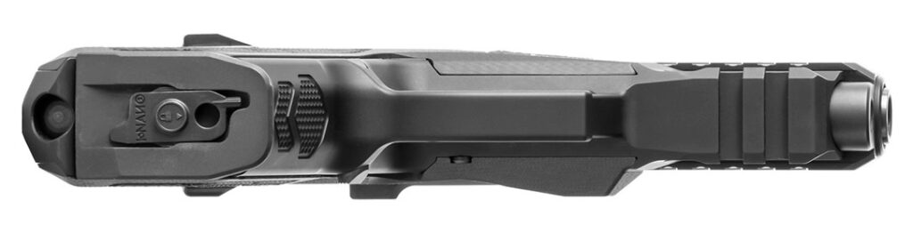 This bottom view shows the magazine base with the NANO2 Multitool embedded in the baseplate; up front on the Lionheart Industries is the Picatinny rail and protruding thumb-shelf.