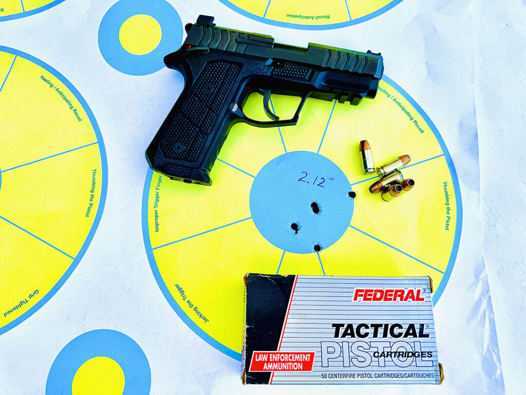 Three 5-shots groups were shot in the SA mode, using a sandbag rest; distance to the target was 15 yards; the tightest cluster measured 2.12” with the Federal Tactical load.
