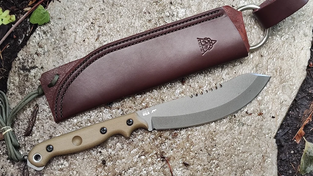 The TOPS Knives Brush Wolf comes complete with a leather, dangler-style sheath.