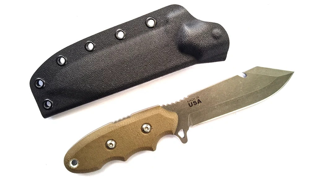 A black Kydex sheath holds the Backpacker’s Bowie firmly in place as you traverse the outdoors.