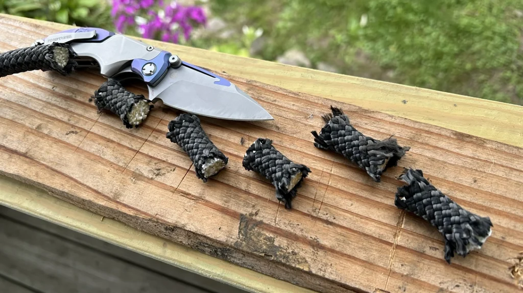 The edge easily pressed through half-inch climbing rope.