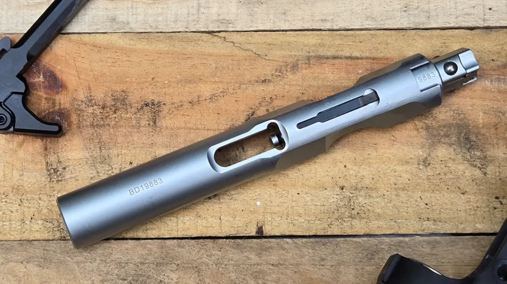 The bolt body on the MEAN Arms Bearing Delay Upper.