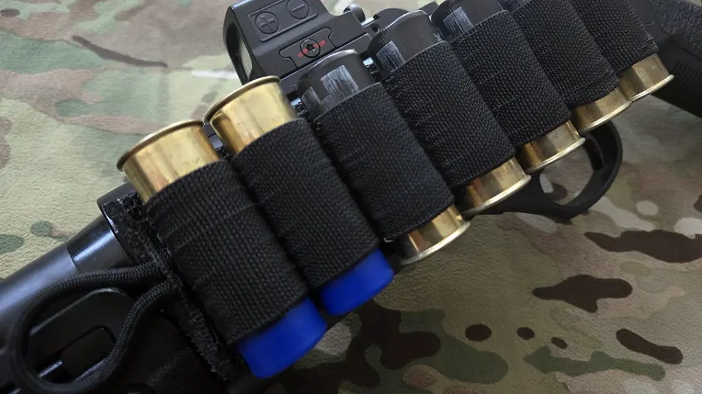 Soft-sided, elastic shell holder for shotgun ammo management.