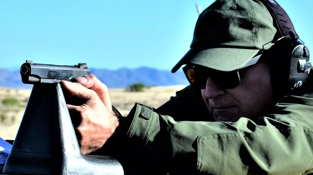 This particular model is outfitted with a Novak rear sight and a plain black front sight.