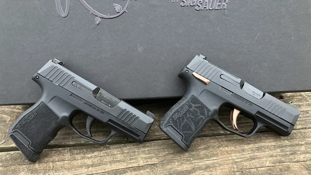 SIG Sauer P365 9MM (left) with its replacement the P365 380 ROSE (right).