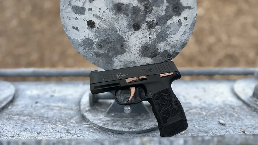 The SIG Sauer P365 380 ROSE’s matte rose-gold controls-takedown lever, slide release, trigger, and safety—along with the slide’s backplate and slide engraving are eye-catching.