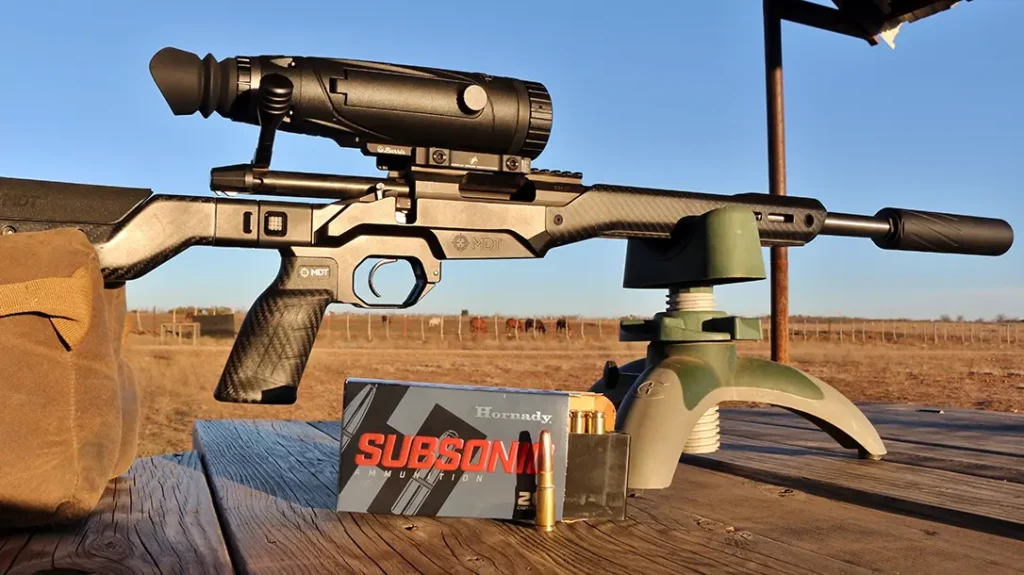 The rifle used a bolt-action rig for hunting hogs in Texas.