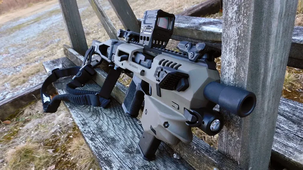 The CAA Micro Conversion Kit does not lengthen your pistol’s barrel, so it’s not a true pistol caliber carbine.