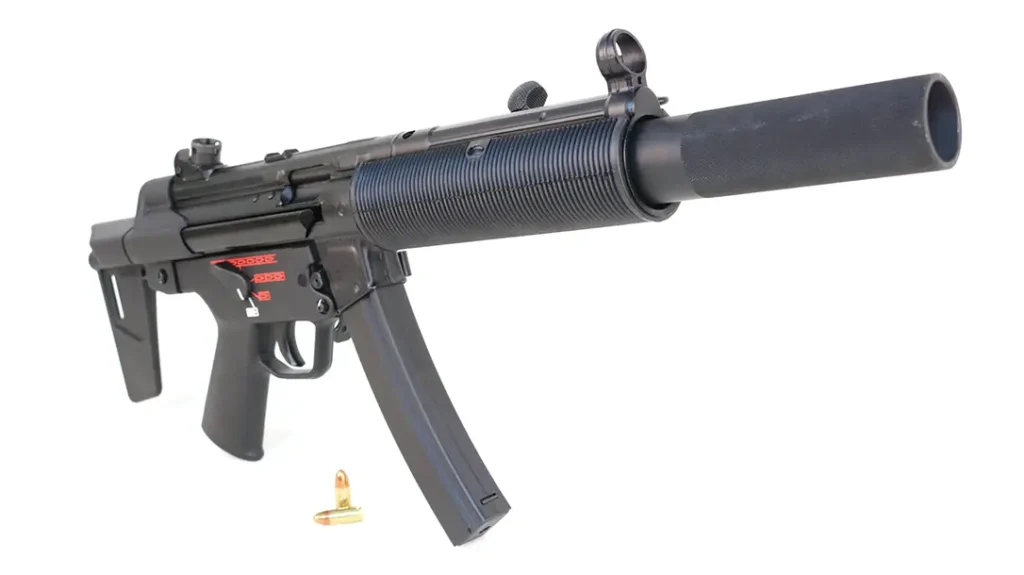 The barrel shroud gives the appearance of a suppressor.