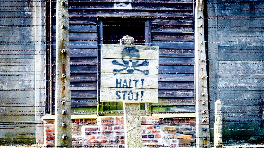 A sign at the Auschwitz War Museum historical site.