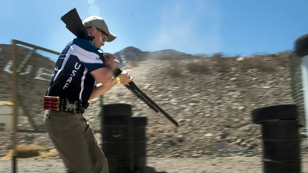 Loading the shotgun on the move in a 3-gun competition.
