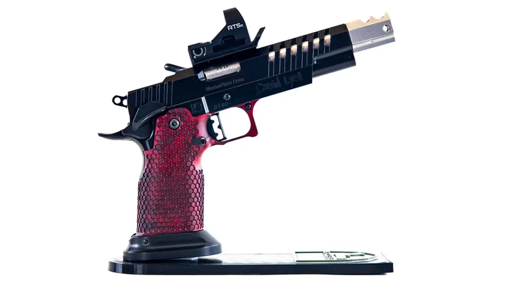 A race gun is the high-end pistol of choice for pistol matches.