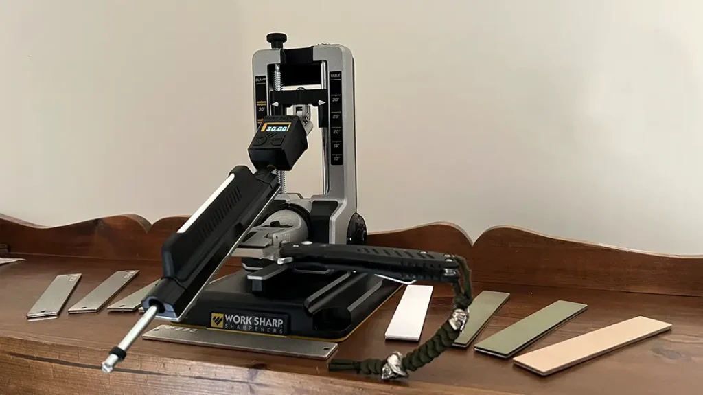 The Work Sharp Professional Precision Adjust Elite Knife Sharpener has a small footprint on your workbench.