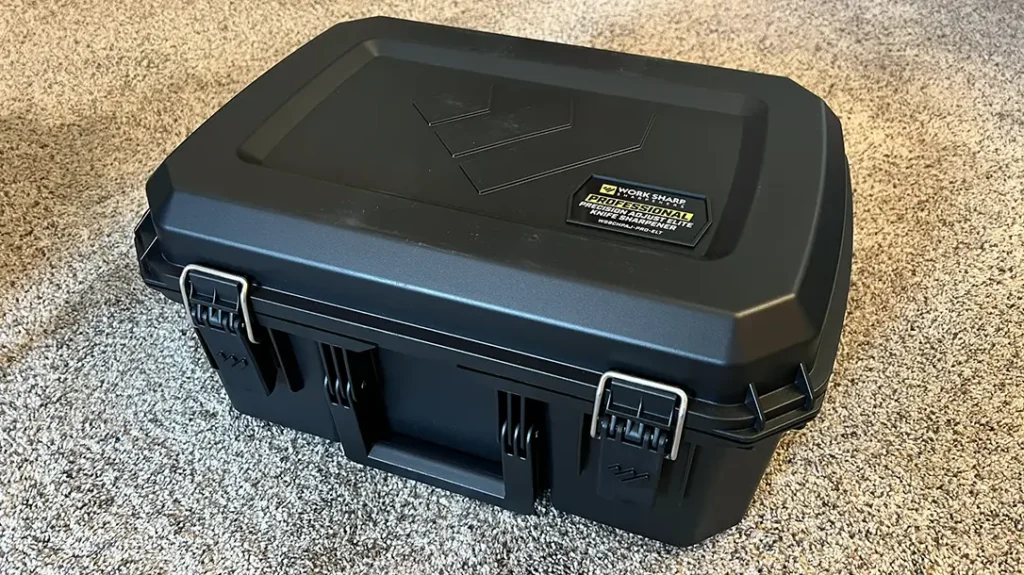 The Work Sharp Professional Precision Adjust Elite comes in a heavy-duty case, similar to Pelican or Plano, that can handle the abuse of travel.