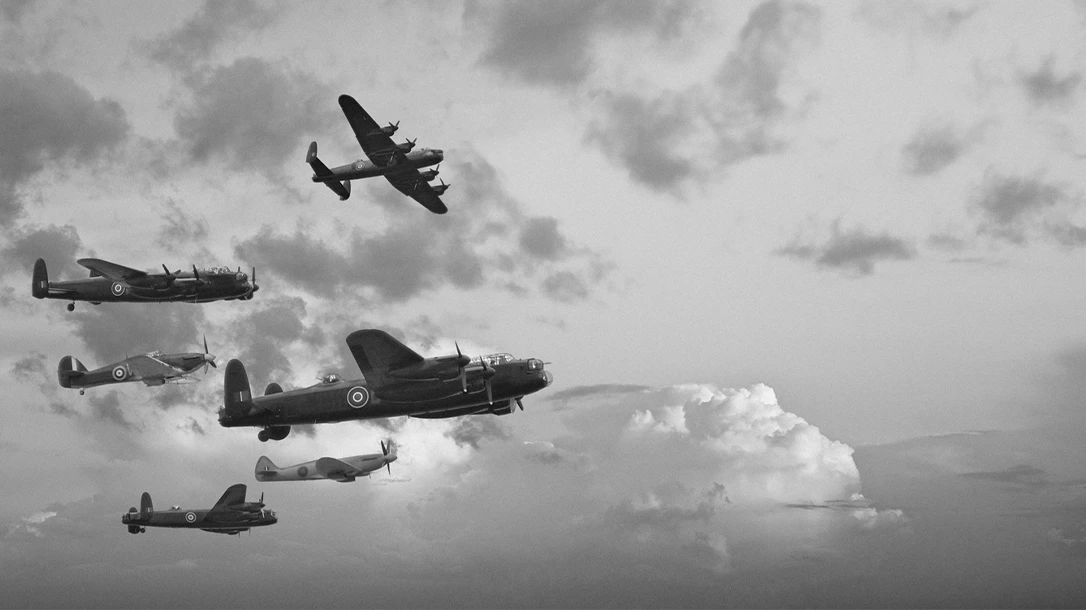 Black and white retro image of Lancaster bombers from Battle of Britain in World War Two.