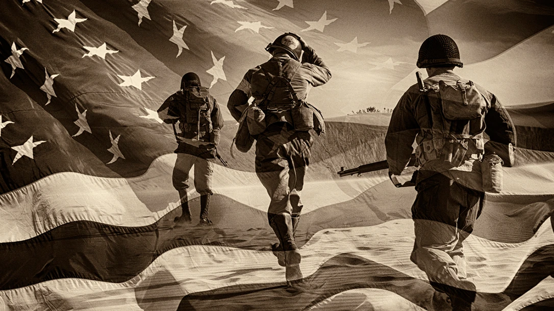 Three Active Duty American Soldiers Running Through a horizontal image of a field of stars and stripes.
