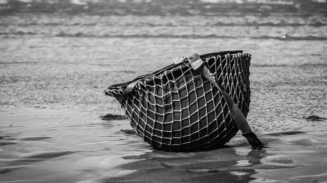 US Helmet on Omaha beach .This was taken on location in Normandy France.