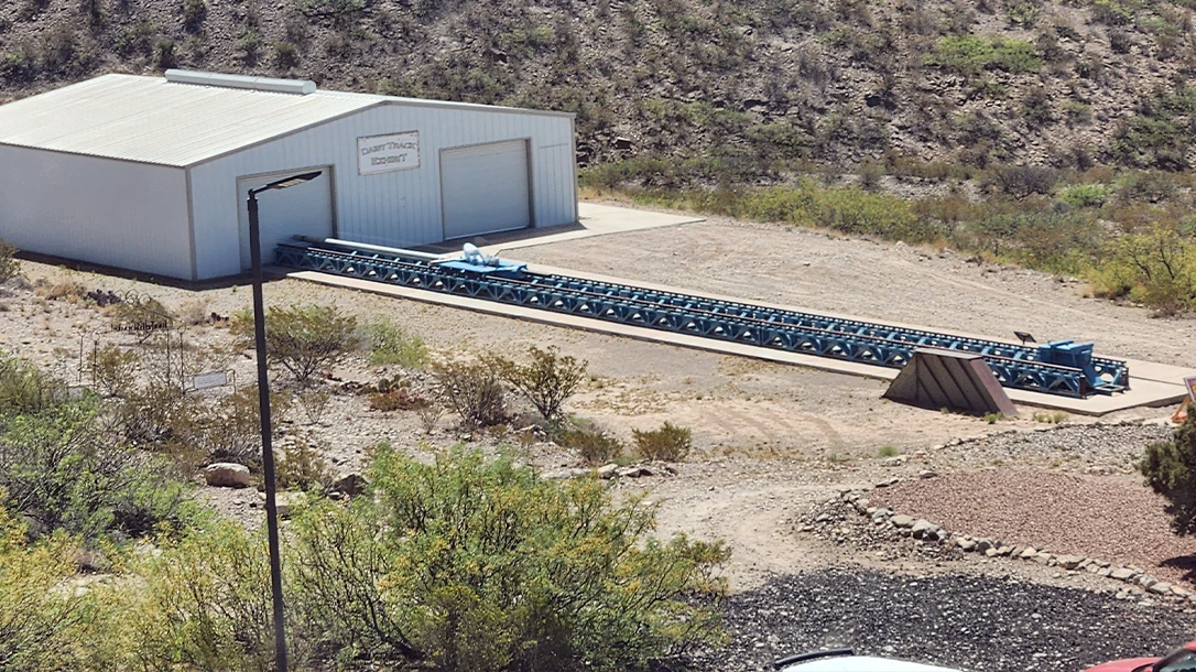 A test sled sits on display in Alamagordo new Mexico.