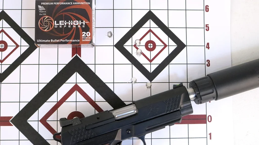 Five rounds at 12 meters fired offhand at a rapid cadence the way you’d be doing it for real.