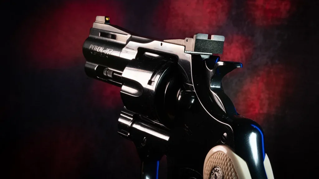 The Wilson Combat gold bead front and blacked-out rear that gives this 3-inch Colt Python a neo-vintage look with modern shootability.