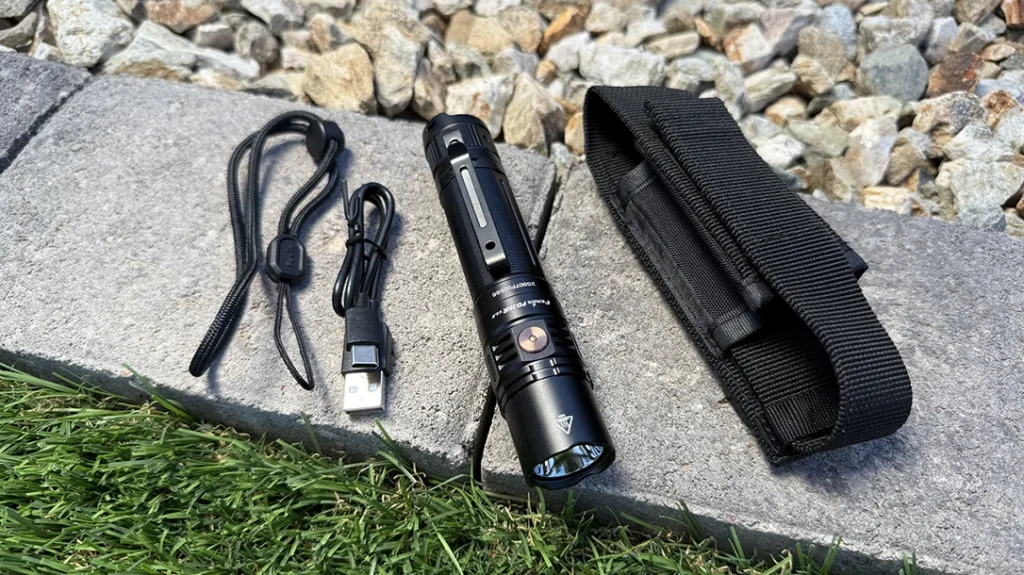 The Fenix PD36R V2.0 comes with a belt pouch and USB-C charging cable.