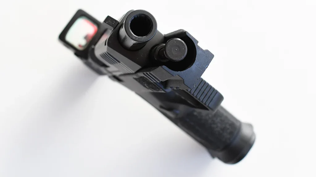 This pistol counts on a 3.4-inch button-rifled 1:10 right-hand twist barrel.