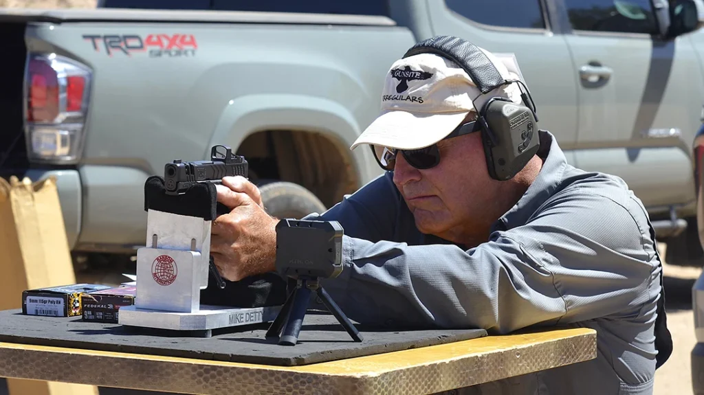 To remove as much human error as possible, the author set up his DOA Tactical shooting bench and rested the pistol’s dust cover on my Ransom Rest Multi Cal Steady Rest.