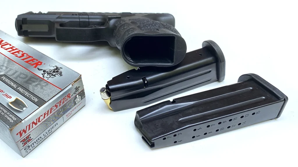 It has a shorter grip frame for a 15, rather than a 17-round magazine and a 4-inch, rather than a 4.5-inch, barrel.