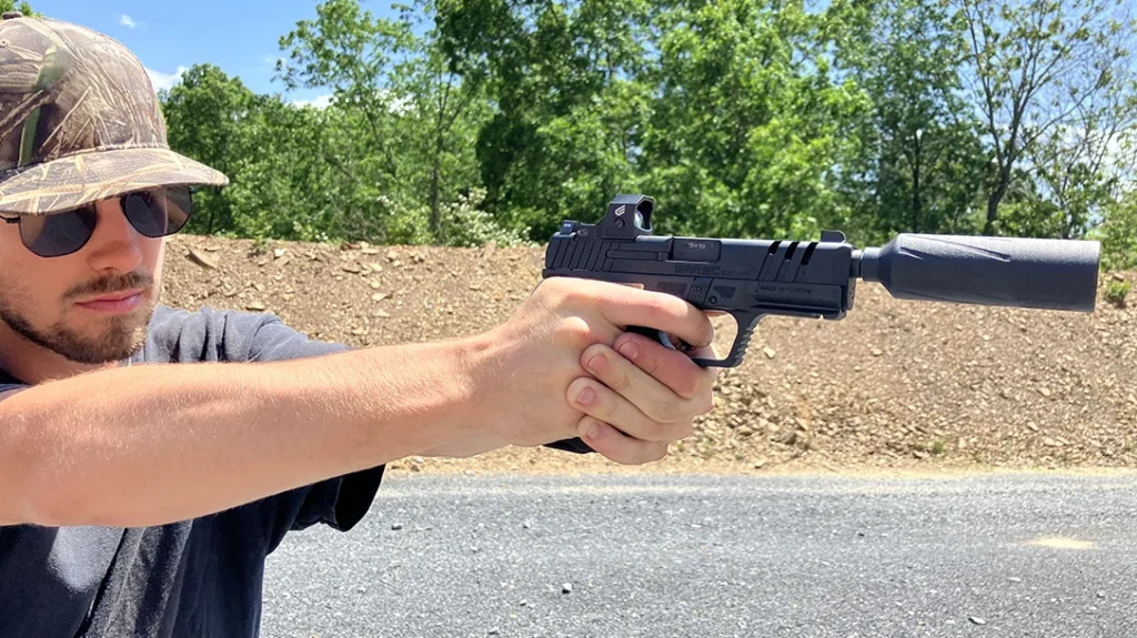 The threaded barrel cries out for a suppressor. The recently introduced BANISH 9K at only 2.7 ounces added negligible weight while effectively mitigating noise and blast.