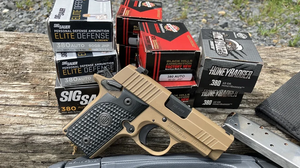 Loads tested included SIG’s own 90-grain Elite V-Crown and 100-grain FMJ, Black Hills 90-grain JHP, 100-grain FMJ, and 60-grain HoneyBadger loads.
