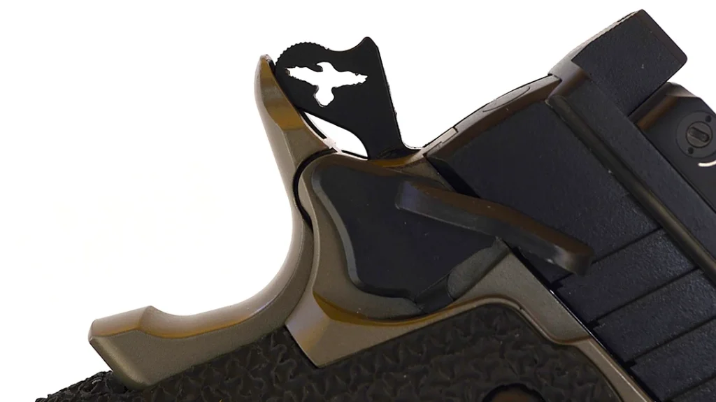 FCG uses tool-steel sears, disconnectors, and you’ll note the gun’s hammer has been cut with Gunsite’s distinctive Raven logo!