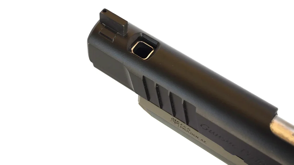 Rather than add length to the gun by attaching a compensator at the end of the barrel, the Fink’s Custom Guns GPPDS uses a .30” port cut into the slide and barrel an inch back from the muzzle.