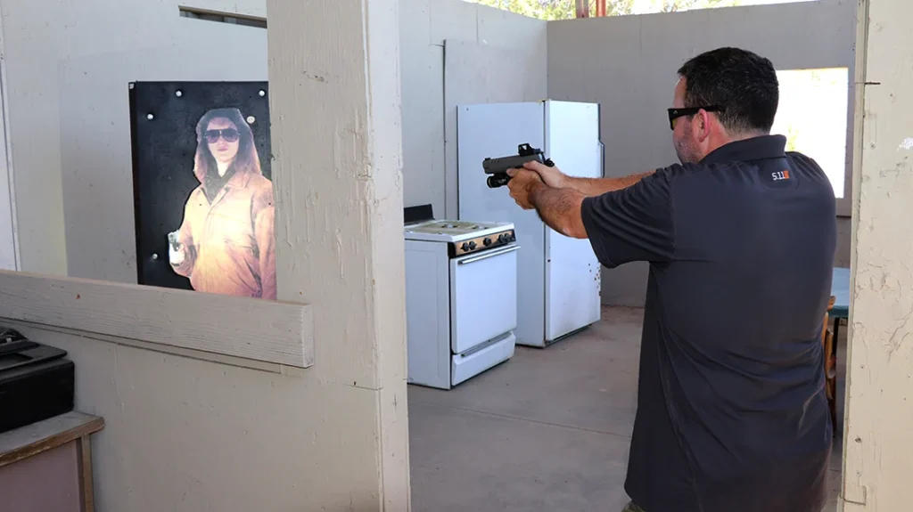 Over several days, the author used the Kimber 2K11 Pro Stainless for timed drills, man-on-man competitions, and in Gunsite’s famous “Funhouse.”