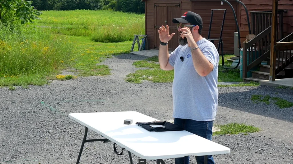 The author prepared to run the table pick-up drill.