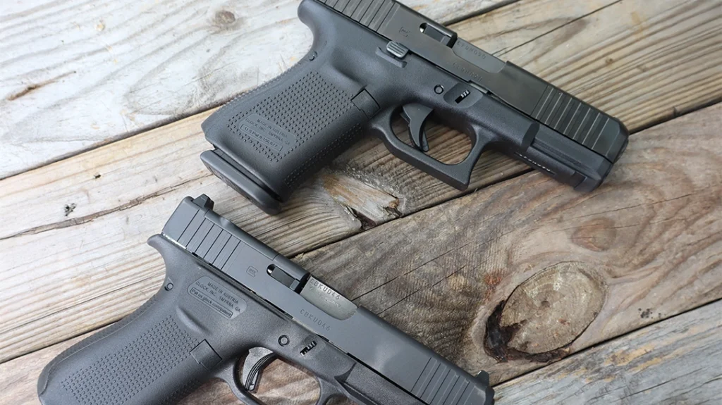 The Gen 5 Glock 19 features a light rail, forward and rearward cocking serrations, an ambidextrous slide release, and a reversible magazine release button. The Glock 48’s magazine release is reversible, but it retains only a right-handed slide release.